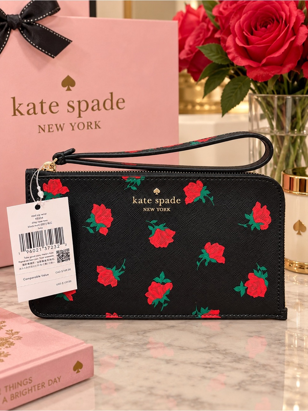 Kate Spade Lucy Medium Zip Wristlet Ditsy Rose Toss NWT